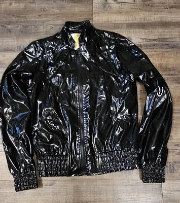 Chaqueta de cuero sintético vintage con sello húmedo Cintura elástica y muñecas Negro Aspecto húmedo2049 Foto 1 de 4