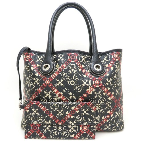 Borsa da viaggio Chanel Coco tela rivestita x pelle nero rosso bianco 352564 r7 Eb