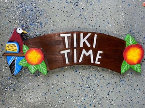 2O” TIKI TIME PARROT AND  FLOWERS SIGN WALL ART TIKI DECOR - Picture 1 of 1