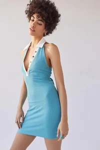 Urban Outfitters Sz Large Dalton Collared Mini Dress Blue Ribbed Halter NWT $59 - Picture 1 of 15