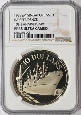 SM Singapur Independence Silver 1977 $10 NGC PF68 Ultra camafeo décimo aniversario Foto 1 de 4