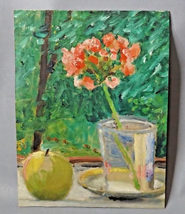 1970 Vintage Sowjetisch Russisch Öl auf Karton Gemälde Stillleben Blume Apfel - Bild 1 von 2