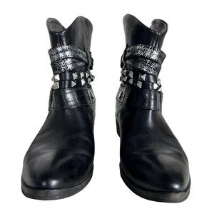 Janet & Janet Leather Studded Western Boho Rocker Ankle Boots Black Size 38 US 7 - Picture 1 of 14