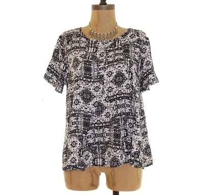 June & Hudson Nordstrom Peplum Top M Short Sleeve Black Print EUC B51 - Image 1 of 3