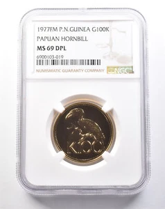1977 FM Papua New Guinea 100 Kina Gold Papuan Hornbill MS69 DPL NGC *5370 - Picture 1 of 3