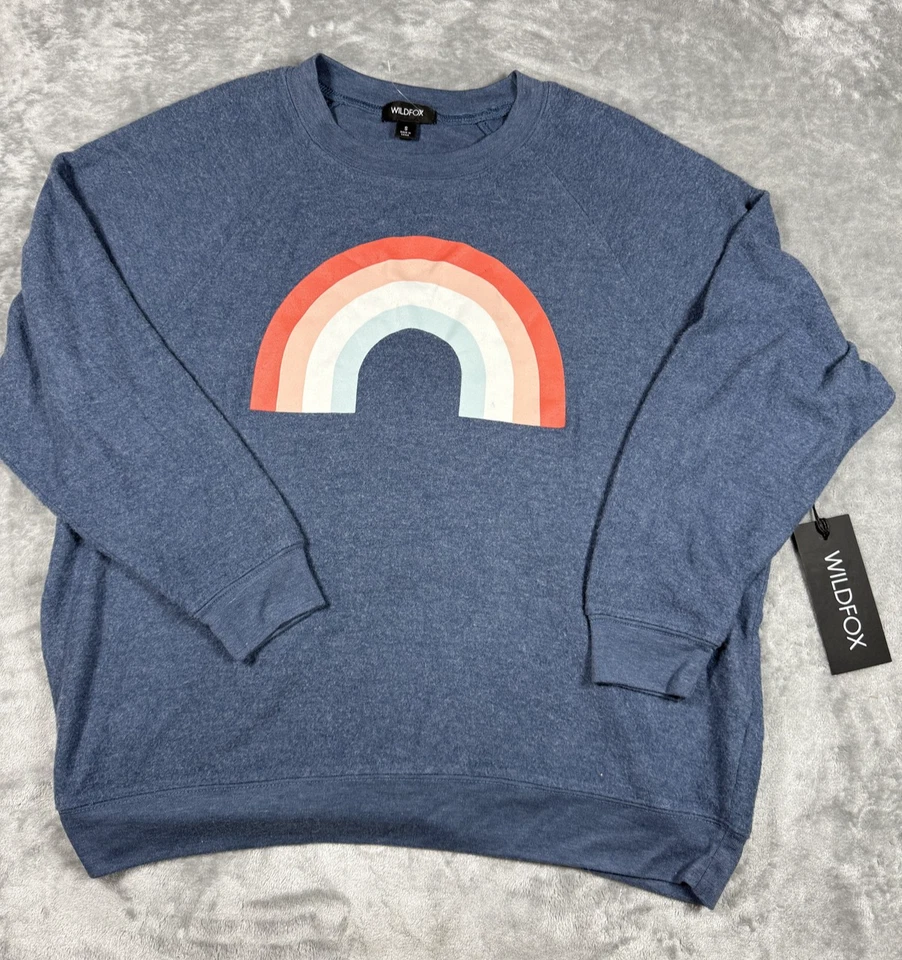 Sudadera Wildfox Mujer Pequeña Azul Arco Iris Cuello Redondo Pullover Gráfico Suave Nueva Foto 1 de 4