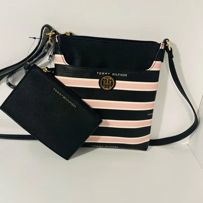 TOMMY HILFIGER Womens Crossbody Bag/Purse/Shoulder Bag, Pink & Black Stripe - Image 1 of 4