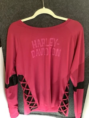 Pullover Harley Davidson de malla recortada ventilada rojo borgoña manga larga talla XL Foto 1 de 4