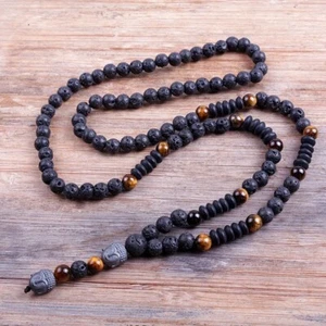 Black 6mm Lava Stones Wood Bead Men's Hematite Buddha Bead Necklace - Picture 1 of 9