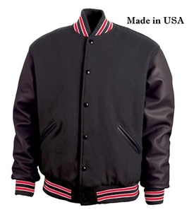 Lederärmel College-Jacke schwarz rot weißer Besatz Game Brand, Made in USA NEU - Bild 1 von 1