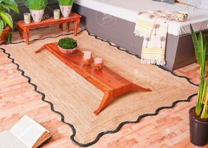 Alfombra de yute festoneada natural con borde de vieira negra, decoración del hogar trenzada a mano - Imagen 1 de 8