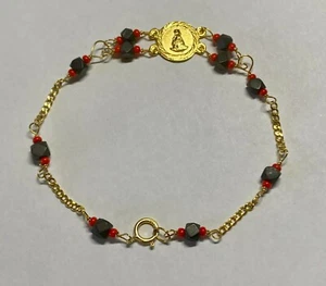 14K Y Gold Genuine Azabache Jet-Coral "Caridad del Cobre" Medal 7" Curb Bracelet - Picture 1 of 6