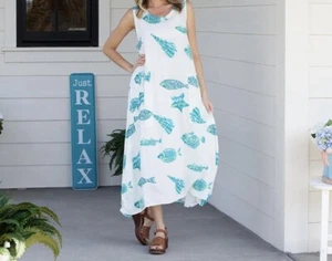 Neu mit Etikett Kaktus ärmelloses Sommerkleid türkis Boho tropische Fische Damen Small " - Bild 1 von 3