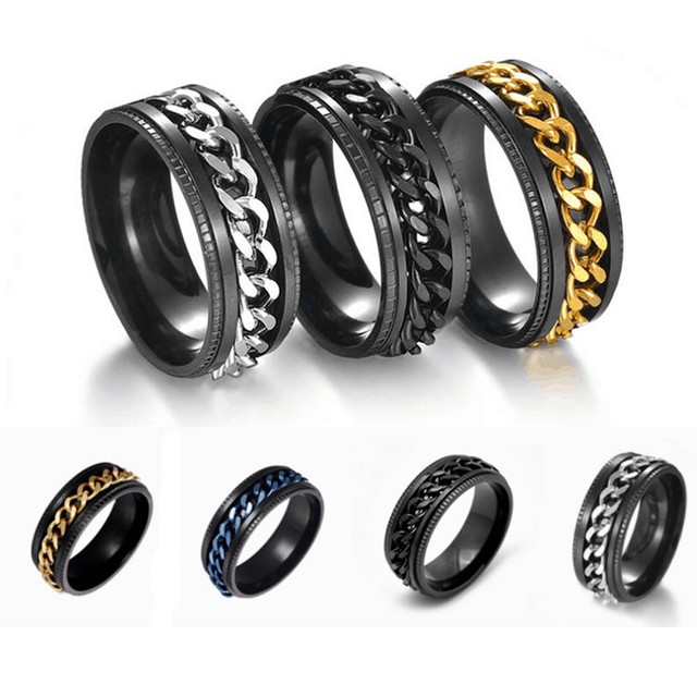 King Will 8mm Black Spinner Ring Stainless Steel Fidget Ring Anxiety Ring  For Men curb chain Inlay 11