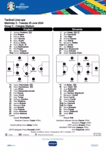 RARE Official England v Slovenia Euro 2024 Team Sheet 25/06/2024 COLOGNE - Picture 1 of 1