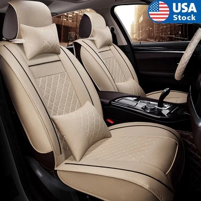 Full Set PU Leather Auto Front+Rear Seat Cover 5-Seats Car Cushion Pad w/ Pillow Foto 1 de 4