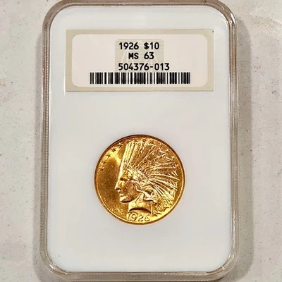 Moneda de oro india con cabeza de $10 de 1926 ~ NGC MS63 ¡Antiguo holograma con soporte graso intacto! Foto 1 de 2