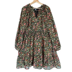 NWOT Old Navy Dress XXL Dark Floral Ruffle Tiered Peasant Metallic Waist Defined - Picture 1 of 12