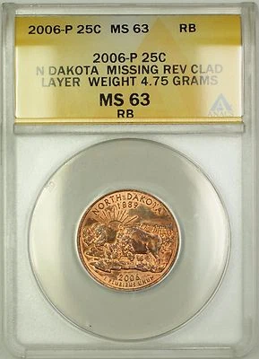 2006 North Dakota State Quarter Coin ERROR Missing Rev Clad Layer ANACS MS-63 RB - Image 1 of 2