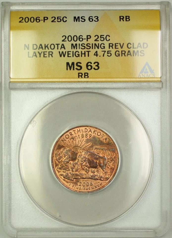 2006 North Dakota State Quarter Coin ERROR Missing Rev Clad Layer ANACS MS-63 RB - Image 1 of 2