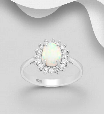 925 Sterling Silber Damenring mit CZ und synthetischem Opal - Echtschmuck Ring - Bild 1 von 2