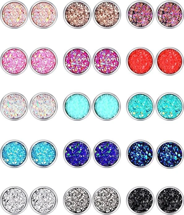 15 Pairs Faux Druzy Stud Earrings Set Stainless Steel Round Multicolor