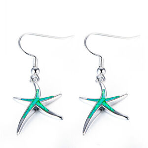Women's Silver Starfish Green Simulated Opal Dangle Hoop Stud Earrings Gift