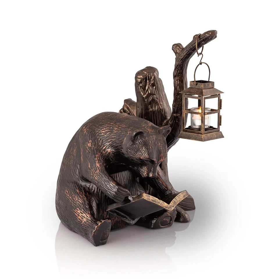Linda linterna de vidrio de jardín oso amante de los libros de hierro de aluminio marrón oscuro Foto 1 de 4