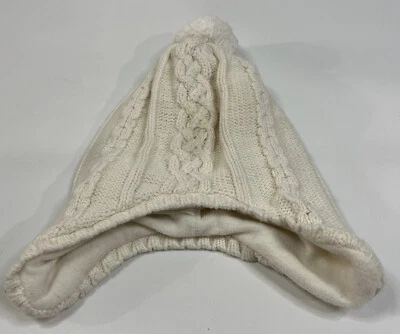 Baby hat white cream winter knit w/ pom pom ear flaps ties 6-12 Months - Image 1 of 4