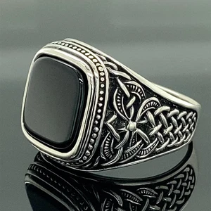Men’s Black Onyx Signet Ring 925 Sterling Silver Square Minimalist Wedding Ring - Picture 1 of 6
