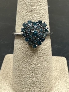 Blue Diamond 925 Sterling Silver Heart Cluster Ring - Size 7.5 - Picture 1 of 8