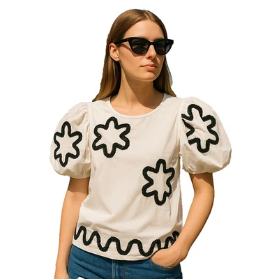 NUEVO Caballete Pequeño Todo Algodón Blanco Blusa Manga Abullonada Negro Bordado Borde BOHO Foto 1 de 4