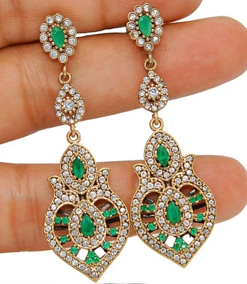 Ottoman Empire Style 14CT Treated Emerald 925 Sterling Silver Earrings S3-8 - Image 1 of 2