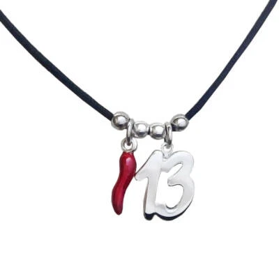 Ciondolo numero 13  in argento 925 e cornetto portafortuna - Immagine 1 di 3