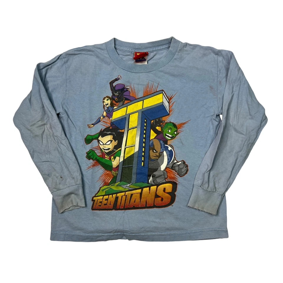 Vintage 00s Teen Titans Comics Long Sleeve Tee T-Shirt FLAW Blue Youth Small - Image 1 of 4