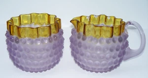 Antique Hobbs Brockunier Victorian Hobnail Dewdrop Purple Gold Cream & Sugar - Picture 1 of 5