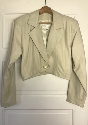 OFF WHITE LEGGI Giacca di pelle vintage VAKKO donna taglia S bianco sporco cropped morbida USA anni 80