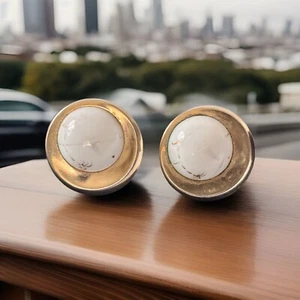 Classy Vintage 1970's White With Marble Dome Oval Cufflinks By Anson - Picture 1 of 14