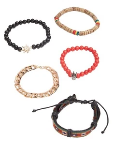 Confezione 5 Bracciale Unisex Rasta Beed Leaf 420 Catena Oro Nero Rosso Perline Set - Foto 1 di 1