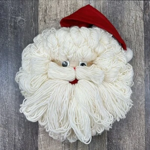 Vintage Handmade Yarn Santa Claus Face Head Wall Hanging Christmas Décor Large - Picture 1 of 10