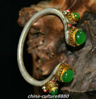 2.7" Rare Old Chinese Bronze Inlay Jadeite Jade Gilt Painting Jewelry Bracele