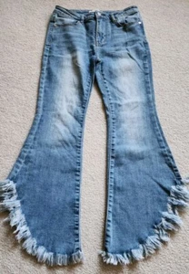 HABITUAL GIRL High Rise Crop Fringe Bell Bottom Jeans Pants 14 - Picture 1 of 5