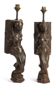 Paire d'appliques Art Nouveau en fonte de fer en forme de sirènes H 45 cm - Photo 1/10