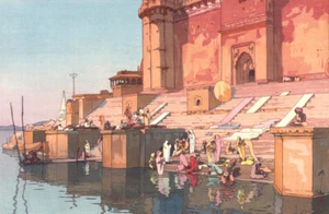 Japanese Art Print Repro "Ghat in Benares" YOSHIDA HIROSHI India - Picture 1 of 2