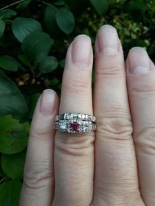 Art Deco Style Asscher Lab Created Ruby Diamond Wedding White Gold FN Ring Set - Picture 1 of 17