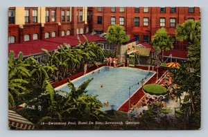 Vintage Linen Postcard Swimming Pool Hotel De Soto Savannah Georgia 1950s - Picture 1 of 2