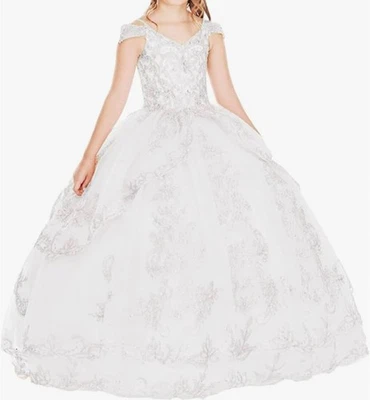 Dinjicun Flower Girl Dress, Lace Applique Pageant Full Length Gown, White, Sz 7 - Image 1 of 4
