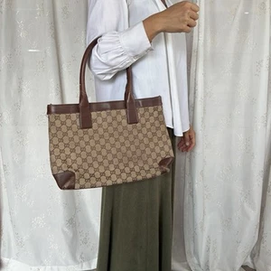 Gucci GG Canvas Tote Bag Leather Brown 33890 - Picture 1 of 19