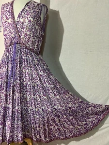 VTG 70s ADINI Sun Dress India Cotton Gauze Floral Purple Boho Hippy Ruffle Hem M - Picture 1 of 14