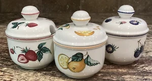 VILLEROY & BOCH MALAGA STRAWBERRY, BLACKBERRY N LEMONS CONDIMENT JARS N LIDS 4”T - Picture 1 of 10